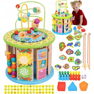 HappyBaby Drewniana Kostka Edukacyjna Sensoryczna Sorter Klocki Rybki 11W1 + Naklejki HappyBaby Drewniana Kostka Edukacyjna Sensoryczna Sorter Klocki Rybki 11W1 + Naklejki