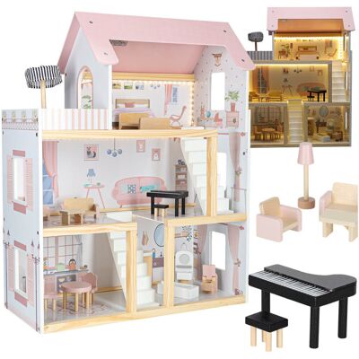 Artemis Duży Drewniany Domek dla Lalek Mebelki Meble Oświetlenie LED Różowy 78cm Artemis Duży Drewniany Domek dla Lalek Mebelki Meble Oświetlenie LED Różowy 78cm
