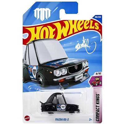 Mattel Hot Wheels Mazda RX-3 (HYX24) – Compact Kings seria 8/10, czarna z niebieską grafiką, skala 1:64, 2025 Mattel Hot Wheels Mazda RX-3 (HYX24) – Compact Kings seria 8/10, czarna z niebieską grafiką, skala 1:64, 2025