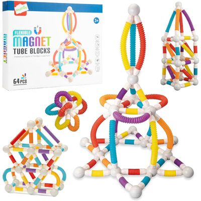 MalPlay Klocki Magnetyczne Rurki 64 El. Elastyczne Konstrukcyjne 3D dla Dzieci 3+ MalPlay Klocki Magnetyczne Rurki 64 El. Elastyczne Konstrukcyjne 3D dla Dzieci 3+