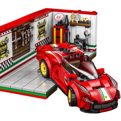 Klocki MJI 13082 – Czerwone Auto Sportowe Ferrari Style z Garażem, 530 elementów Klocki MJI 13082 – Czerwone Auto Sportowe Ferrari Style z Garażem, 530 elementów