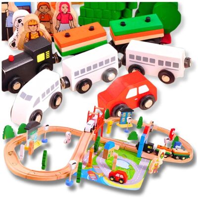 MINEXO Kolejka Zabawka Drewniana Pociąg Z Wagonami Zestaw + Duże Miasto Do Zabawy MINEXO Kolejka Zabawka Drewniana Pociąg Z Wagonami Zestaw + Duże Miasto Do Zabawy