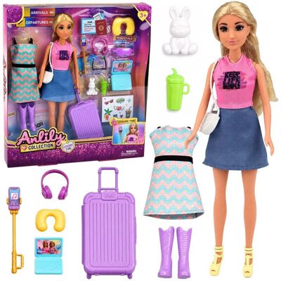 Lean Toys Lalka Anlily Podróżniczka Z Walizką Poduszka Podróżna Laptop Akcesoria Lean Toys Lalka Anlily Podróżniczka Z Walizką Poduszka Podróżna Laptop Akcesoria
