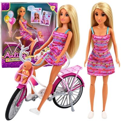 Lean Toys Lalka Anlily W Różowej Sukience Z Rowerem I Dzieckiem Fotelik Zestaw Lean Toys Lalka Anlily W Różowej Sukience Z Rowerem I Dzieckiem Fotelik Zestaw