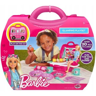 Lalka Barbie Glamping zestaw piknikowy walizka akcesoria kuchenne 20 szt Lalka Barbie Glamping zestaw piknikowy walizka akcesoria kuchenne 20 szt