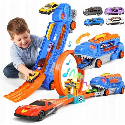 Inny producent MEGA TRANSPORTER DINOZAUR 4W1 ZESTAW TORY TORÓW PĘTLA WYŚCIGOWY+4 AUTKA Inny producent MEGA TRANSPORTER DINOZAUR 4W1 ZESTAW TORY TORÓW PĘTLA WYŚCIGOWY+4 AUTKA