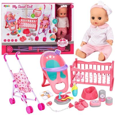 Zestaw 3W1 Interaktywna Lalka Bobas Siusiająca Kołyska Wózek Akcesoria Lean Toys Zestaw 3W1 Interaktywna Lalka Bobas Siusiająca Kołyska Wózek Akcesoria Lean Toys