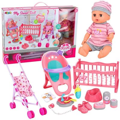 Zestaw Interaktywna Lalka Bobas Siusiająca Wózek Kołyska Akcesoria 3W1 Lean Toys Zestaw Interaktywna Lalka Bobas Siusiająca Wózek Kołyska Akcesoria 3W1 Lean Toys