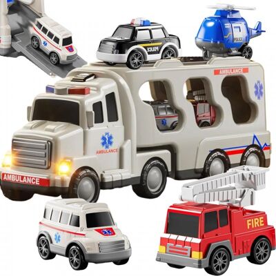 Lean Toys ZESTAW RATUNKOWY CIĘŻARÓWKA Z 4 AUTAMI Lean Toys ZESTAW RATUNKOWY CIĘŻARÓWKA Z 4 AUTAMI