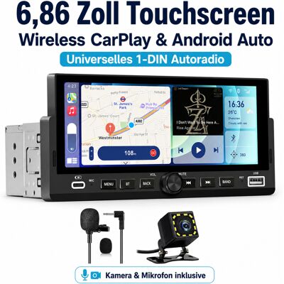 Junsun Radio Samochodowe 1 Din 6,86' Ips, Bezprzewodowy Carplay, Android Auto, Bluetooth, Kamera Cofania, Mikrofon Junsun Radio Samochodowe 1 Din 6,86' Ips, Bezprzewodowy Carplay, Android Auto, Bluetooth, Kamera Cofania, Mikrofon