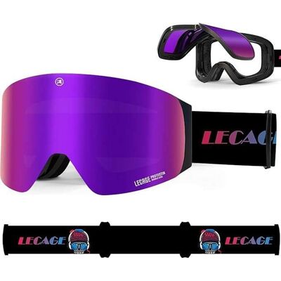 Bezmarkowe Rozkładane gogle narciarskie snowboard Lecage bezramkowe okulary UV fiolet Bezmarkowe Rozkładane gogle narciarskie snowboard Lecage bezramkowe okulary UV fiolet