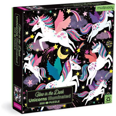 Mudpuppy, Puzzle rodzinne świecące w ciemności Jednorożce, 300 elementów Mudpuppy, Puzzle rodzinne świecące w ciemności Jednorożce, 300 elementów
