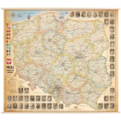 Polska. Mapa ścienna administracyjno-drogowa, stylizowana. 1:750 000, drewniane półwałki Polska. Mapa ścienna administracyjno-drogowa, stylizowana. 1:750 000, drewniane półwałki