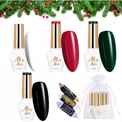 Molly Nails Świąteczny zestaw do paznokci hybrydowych w prezentowym woreczku - 2x brokatowy lakier + 2x kolorowy lakier Molly Nails Świąteczny zestaw do paznokci hybrydowych w prezentowym woreczku - 2x brokatowy lakier + 2x kolorowy lakier