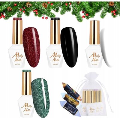 Molly Nails Świąteczny zestaw do paznokci hybrydowych w prezentowym woreczku - 2x brokatowy lakier + 2x kolorowy lakier Molly Nails Świąteczny zestaw do paznokci hybrydowych w prezentowym woreczku - 2x brokatowy lakier + 2x kolorowy lakier