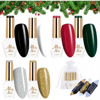Molly Nails Świąteczny zestaw do paznokci hybrydowych w prezentowym woreczku - 2x brokatowy lakier + 4x kolorowy lakier Molly Nails Świąteczny zestaw do paznokci hybrydowych w prezentowym woreczku - 2x brokatowy lakier + 4x kolorowy lakier