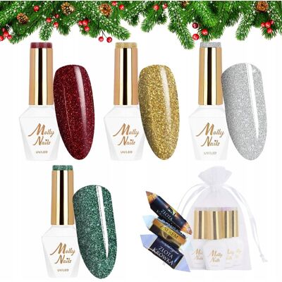 Molly Nails Świąteczny zestaw do paznokci hybrydowych w prezentowym woreczku - 4x brokatowy lakier Molly Nails Świąteczny zestaw do paznokci hybrydowych w prezentowym woreczku - 4x brokatowy lakier