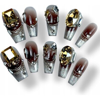 Press On Nails Sztuczne paznokcie Tipsy Frencz Cat Yey Сyrkonie, S Press On Nails Sztuczne paznokcie Tipsy Frencz Cat Yey Сyrkonie, S
