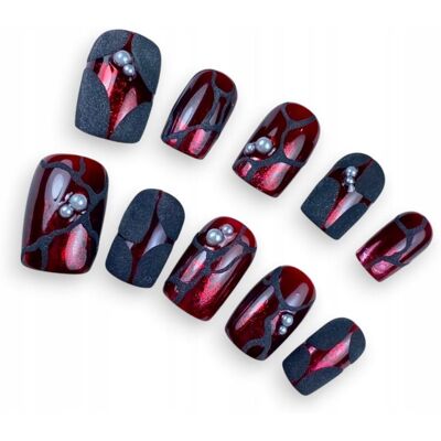 Press On Nails Tipsy Bordowe 3D Ręcznie Robione Manicure Burgundowy, S Press On Nails Tipsy Bordowe 3D Ręcznie Robione Manicure Burgundowy, S