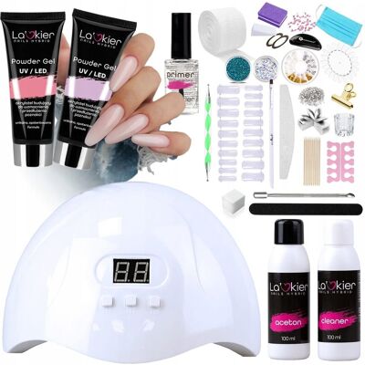 Zestaw akrylożelowy budujący do paznokci - lampa + 2x akrylożel La'kier 30g + preparaty + akcesoria Zestaw akrylożelowy budujący do paznokci - lampa + 2x akrylożel La'kier 30g + preparaty + akcesoria