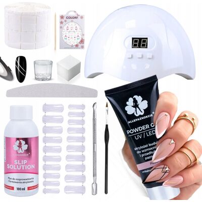 Zestaw startowy do akrylożelu AllePaznokcie Powder Gel 30g + lampa + płyn Slip Solution + akcesoria Zestaw startowy do akrylożelu AllePaznokcie Powder Gel 30g + lampa + płyn Slip Solution + akcesoria