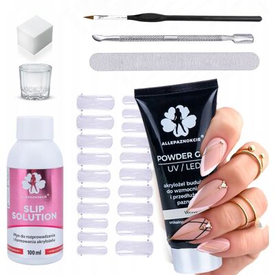 Zestaw uzupełniający do akrylożelu AllePaznokcie Powder Gel 30g + płyn Slip Solution + akcesoria Zestaw uzupełniający do akrylożelu AllePaznokcie Powder Gel 30g + płyn Slip Solution + akcesoria