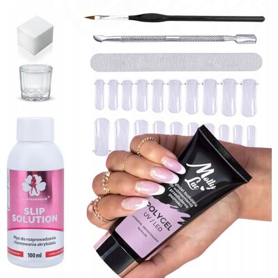 Zestaw uzupełniający do akrylożelu Molly Lac Poly Gel 30g + płyn Slip Solution + akcesoria Zestaw uzupełniający do akrylożelu Molly Lac Poly Gel 30g + płyn Slip Solution + akcesoria