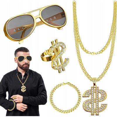 Kostiumowy Zestaw 4 Częściowy Męski Hip Hop Gangster Raper Akcesoria Kostiumowy Zestaw 4 Częściowy Męski Hip Hop Gangster Raper Akcesoria