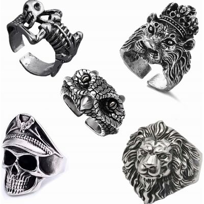 Pierścieni Zestaw 5 Sztuk Regulowany Męski Czaszka Stal Vintage Punk Hip Pierścieni Zestaw 5 Sztuk Regulowany Męski Czaszka Stal Vintage Punk Hip