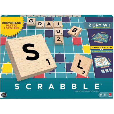 Mattel Scrabble, Rodzinna I Towarzyska Słowna Gra Planszowa 2w1 Klasyczne I Drużynowe, Drewniane Płytki I Stojaki, Wersja Polska Jgr65 Mattel Scrabble, Rodzinna I Towarzyska Słowna Gra Planszowa 2w1 Klasyczne I Drużynowe, Drewniane Płytki I Stojaki, Wersja Polska Jgr65