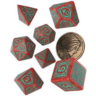 Wiedźmin Triss Nieulękła Merigold Zestaw 7 Kości Kostek RPG + Moneta, gra planszowa, Q-WORKSHOP Wiedźmin Triss Nieulękła Merigold Zestaw 7 Kości Kostek RPG + Moneta, gra planszowa, Q-WORKSHOP