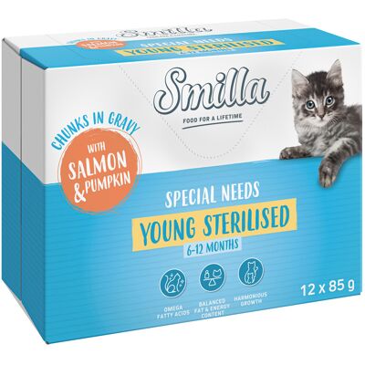 Smilla Young Sterilised kawałeczki w sosie z warzywami, saszetki - Łosoś i dynia, 12 x 85 g Smilla Young Sterilised kawałeczki w sosie z warzywami, saszetki - Łosoś i dynia, 12 x 85 g