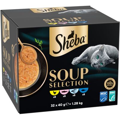 Sheba Soup Selection, 32 x 40 g - Mix (kurczak, tuńczyk, ryba morska i łosoś) Sheba Soup Selection, 32 x 40 g - Mix (kurczak, tuńczyk, ryba morska i łosoś)