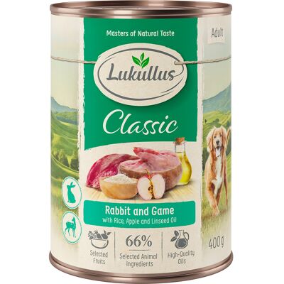 Lukullus Naturkost Adult, 6 x 400 g - Królik i dziczyzna Lukullus Naturkost Adult, 6 x 400 g - Królik i dziczyzna