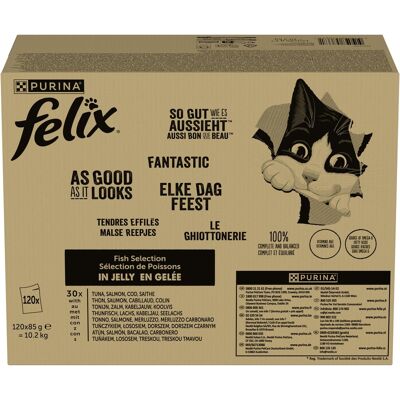 Pakiet Felix Fantastic w galarecie, So gut wie es aussieht, 120 x 85 g - Wołowina, kurczak, dorsz, tuńczyk Pakiet Felix Fantastic w galarecie, So gut wie es aussieht, 120 x 85 g - Wołowina, kurczak, dorsz, tuńczyk