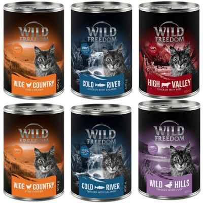 Wild Freedom Adult, 6 x 400 g - bezzbożowa receptura - Pakiet mieszany II (kurczak, łosoś, wołowina, kaczka) Wild Freedom Adult, 6 x 400 g - bezzbożowa receptura - Pakiet mieszany II (kurczak, łosoś, wołowina, kaczka)