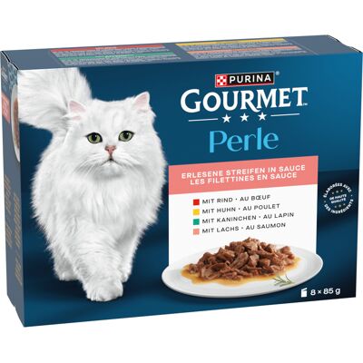 Gourmet Perle 8 x 85 g Filety w Sosie: Wołowina, Kurczak, Królik, Łosoś - Karma dla kotów Gourmet Perle 8 x 85 g Filety w Sosie: Wołowina, Kurczak, Królik, Łosoś - Karma dla kotów