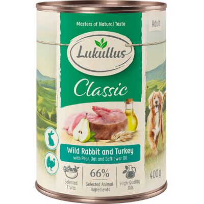 Lukullus Naturkost Adult, 6 x 400 g - Dziki królik i indyk Lukullus Naturkost Adult, 6 x 400 g - Dziki królik i indyk