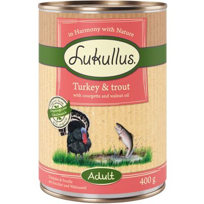 Lukullus Naturkost, bez zbóż, 6 x 400 g - Indyk i pstrąg Lukullus Naturkost, bez zbóż, 6 x 400 g - Indyk i pstrąg
