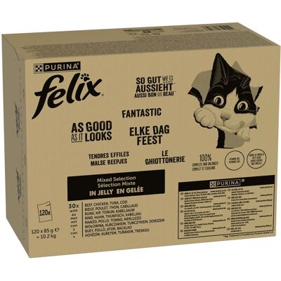 Pakiet Felix "So gut wie es aussieht" w galarecie, 120 x 85 g - Wołowina, kurczak, dorsz, tuńczyk Pakiet Felix "So gut wie es aussieht" w galarecie, 120 x 85 g - Wołowina, kurczak, dorsz, tuńczyk