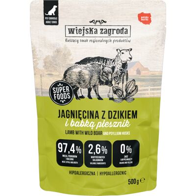 Korzystny pakiet Wiejska Zagroda dla psa, saszetki, 2 x 500 g - Jagnięcina z dzikiem Korzystny pakiet Wiejska Zagroda dla psa, saszetki, 2 x 500 g - Jagnięcina z dzikiem