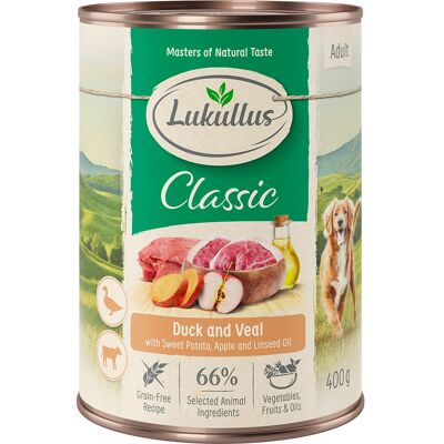 Lukullus Naturkost, bez zbóż, 6 x 400 g - Kaczka i cielęcina Lukullus Naturkost, bez zbóż, 6 x 400 g - Kaczka i cielęcina