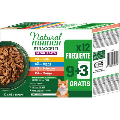 Natural Trainer Straccetti Adult Sterilised, paski w sosie, 12 x 85 g - Pakiet mieszany (4 smaki) Natural Trainer Straccetti Adult Sterilised, paski w sosie, 12 x 85 g - Pakiet mieszany (4 smaki)