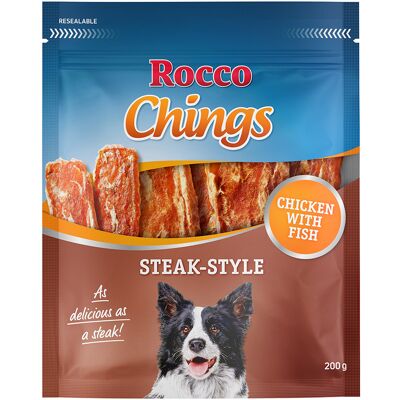 Przysmaki dla psów Rocco Chings Steak Style - Kurczak/Kaczka & Ryba - Naturalnie suszone na powietrzu Przysmaki dla psów Rocco Chings Steak Style - Kurczak/Kaczka & Ryba - Naturalnie suszone na powietrzu