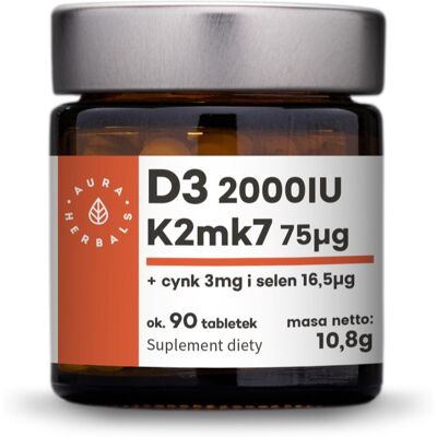Aura Herbals Witamina D3 2000 IU + K2 75μg + Cynk 3mg + Selen 165μg - Wsparcie odporności Aura Herbals Witamina D3 2000 IU + K2 75μg + Cynk 3mg + Selen 165μg - Wsparcie odporności