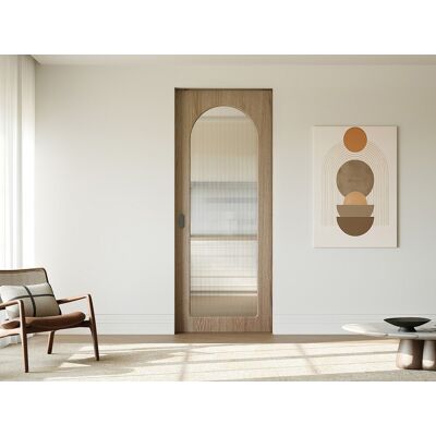 Unique Drzwi przesuwne chowane w ścianie z drewna i z MDF - łuk z żebrowanego szkła hartowanego - W205 x S83 cm - ODEZA Unique Drzwi przesuwne chowane w ścianie z drewna i z MDF - łuk z żebrowanego szkła hartowanego - W205 x S83 cm - ODEZA