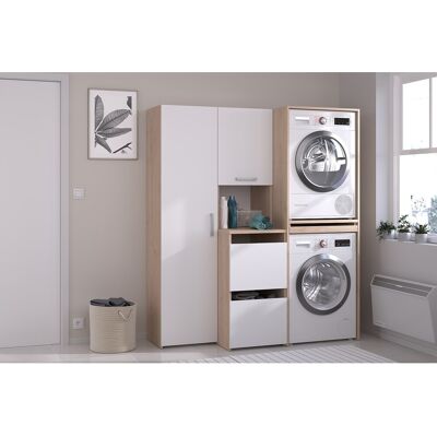 Unique Mebel pod pralkę i suszarkę z szafkami i kolumną do przechowywania – Jasny naturalny i biały – S156 x W184 – ERKANO Unique Mebel pod pralkę i suszarkę z szafkami i kolumną do przechowywania – Jasny naturalny i biały – S156 x W184 – ERKANO