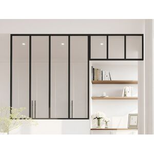 Unique Przeszklona ścianka industrialna z nadświetlem z aluminium malowanego proszkowo - szer. 120 x wys. 130 + szer. 83 x wys. 40 cm - Czarny - BAYVIEW Unique Przeszklona ścianka industrialna z nadświetlem z aluminium malowanego proszkowo - szer. 120 x wys. 130 + szer. 83 x wys. 40 cm - Czarny - BAYVIEW