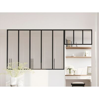 Unique Przeszklona ścianka industrialna z nadświetlem z aluminium malowanego proszkowo - szer. 150 x wys. 105 + szer. 73 x wys. 40 cm - Czarny - BAYVIEW Unique Przeszklona ścianka industrialna z nadświetlem z aluminium malowanego proszkowo - szer. 150 x wys. 105 + szer. 73 x wys. 40 cm - Czarny - BAYVIEW