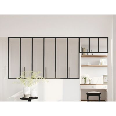 Unique Przeszklona ścianka industrialna z nadświetlem z aluminium malowanego proszkowo - szer. 180 x wys. 105 + szer. 73 x wys. 40 cm - Czarny - BAYVIEW Unique Przeszklona ścianka industrialna z nadświetlem z aluminium malowanego proszkowo - szer. 180 x wys. 105 + szer. 73 x wys. 40 cm - Czarny - BAYVIEW